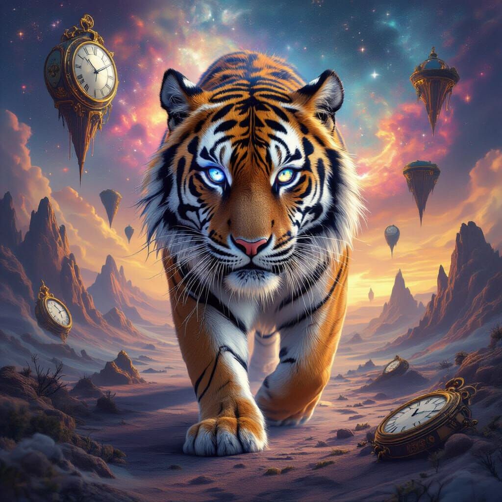 Majestic Tiger in Surreal Cosmic Dreamscape
