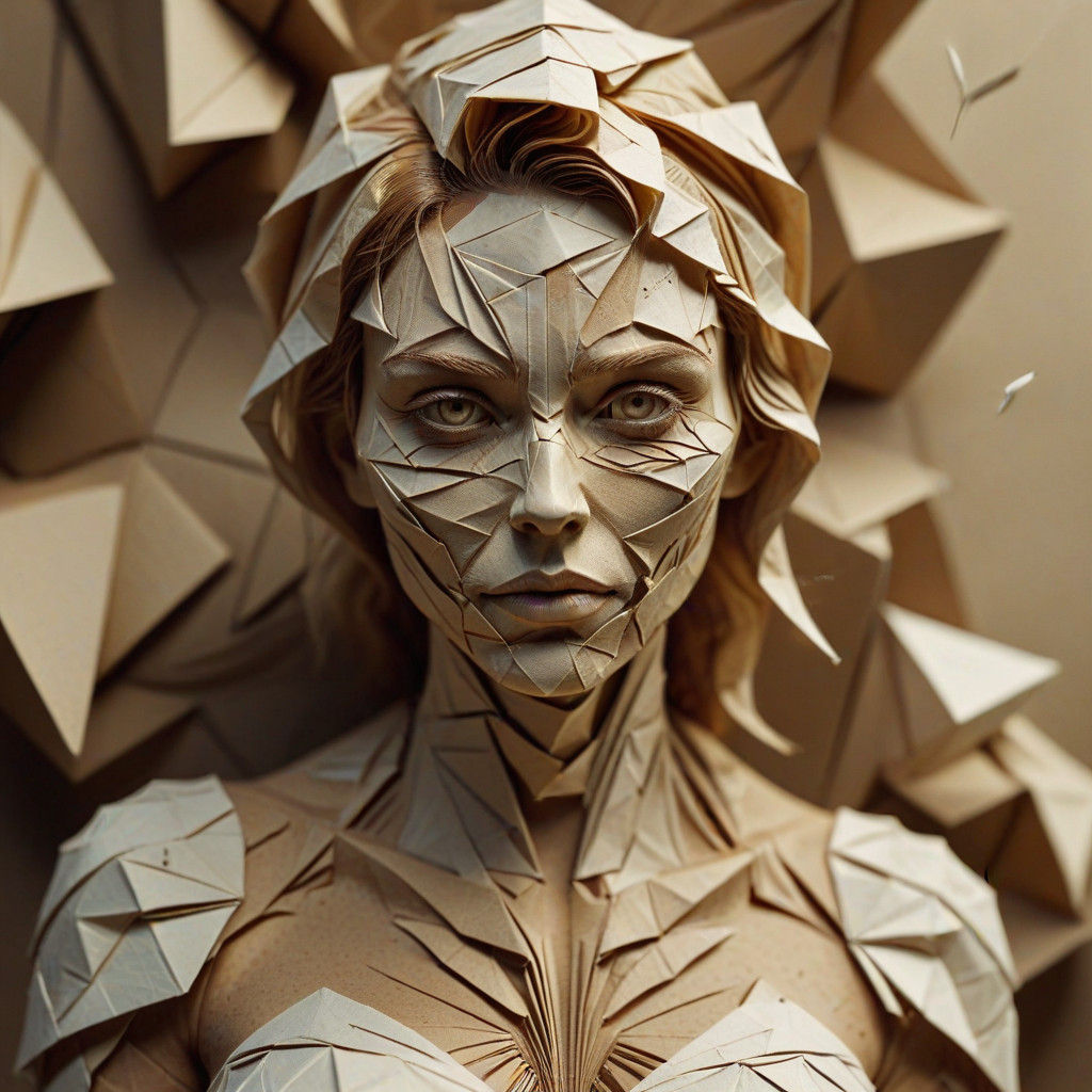 Ethereal Woman in Soft Focus, Eroding into Origami Art