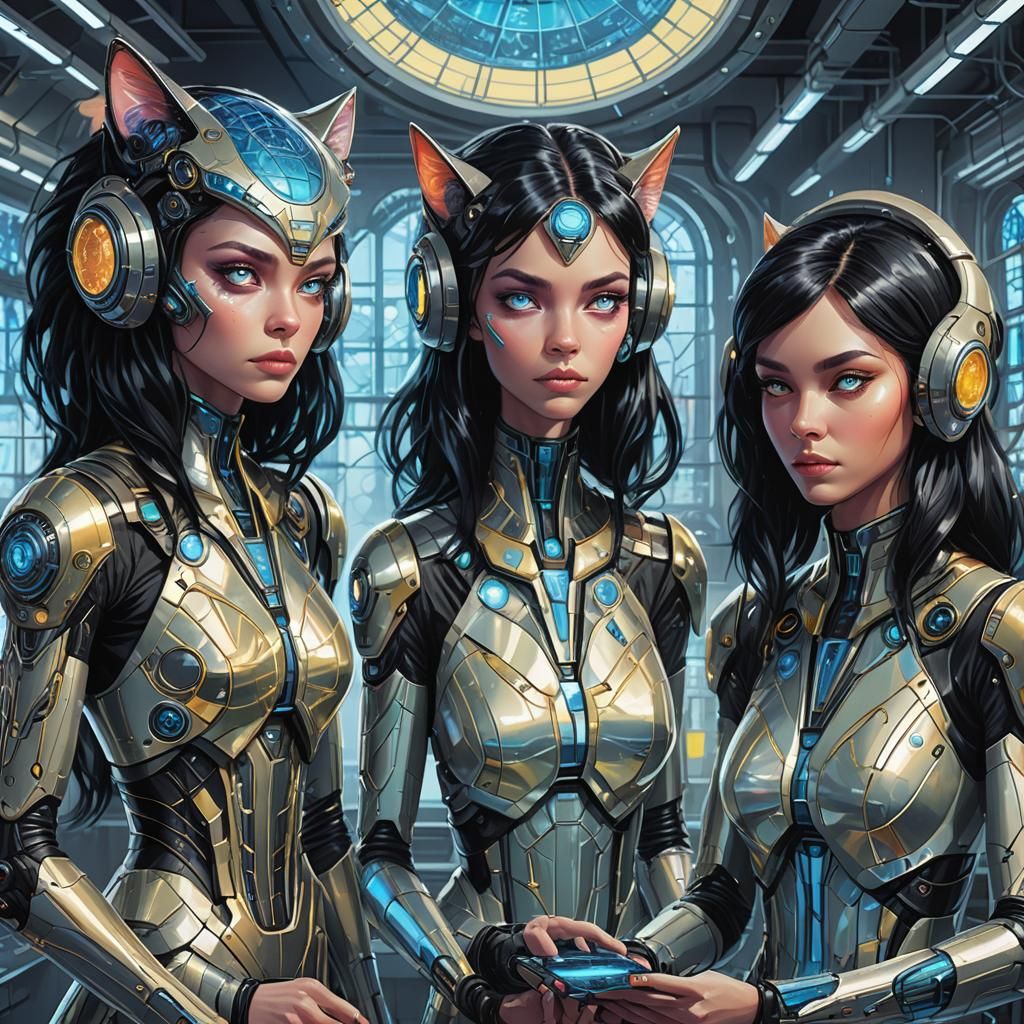 Cat-faced Aliens Examine Advanced Technology in Lab