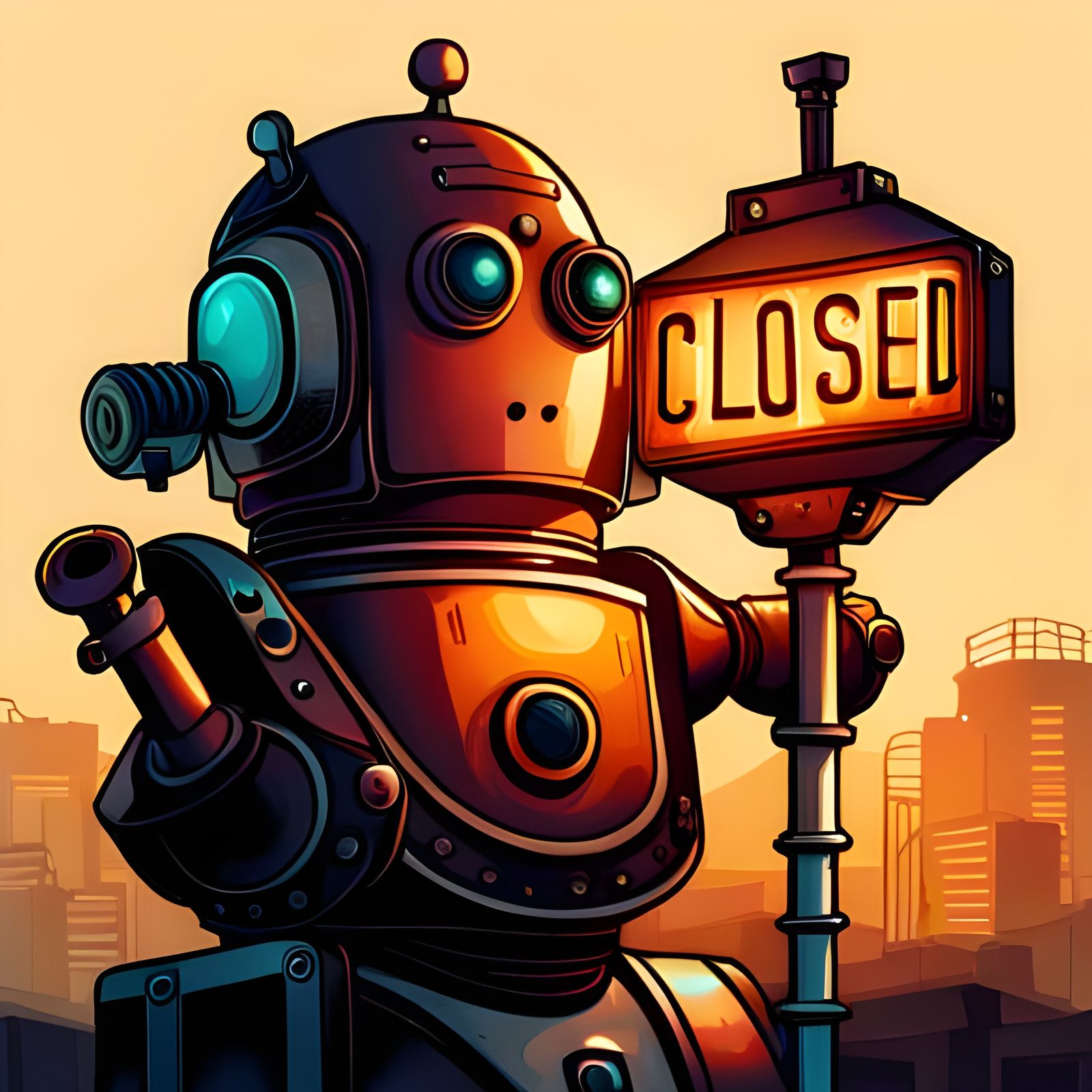 Rusty Robot Holding Closed Sign in Detailed Digital Art
