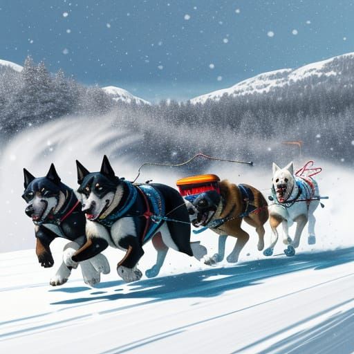 Vector Art Dogs Pulling Sled in Snowy Winter Landscape