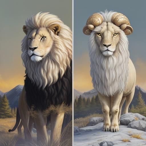 Lion Ram Hybrid Leads Sheep, Oil Painting