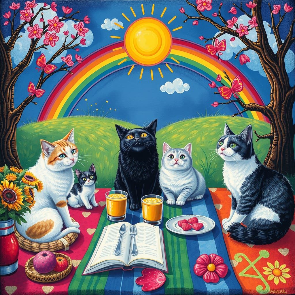 Cats at a Rainbow Picnic in Pointillism Style