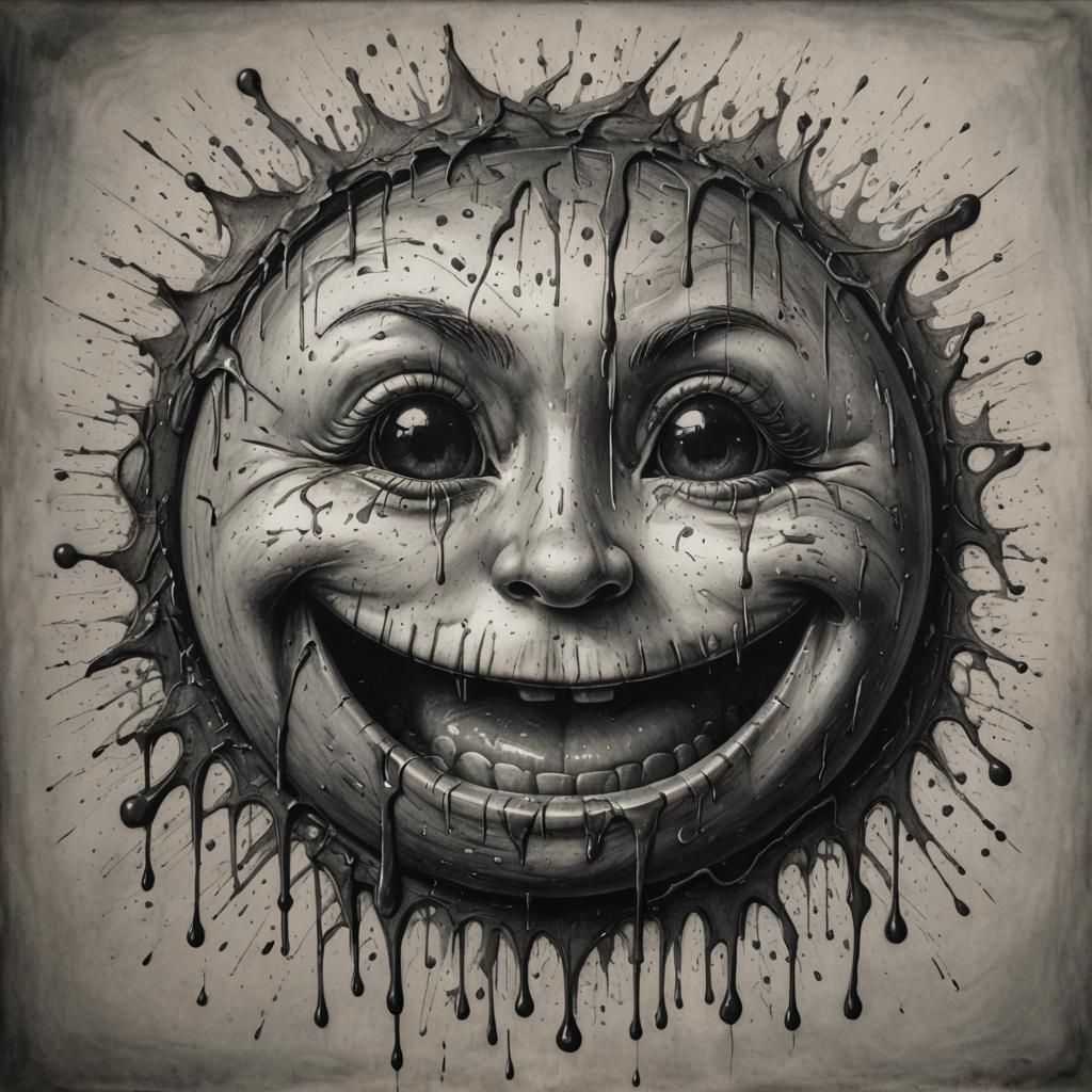 Hyperdetailed Charcoal Drawing of Crying Smiley Face