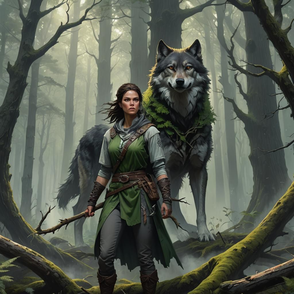 Kaida and Wolf in Misty Forest, Fantasy Art