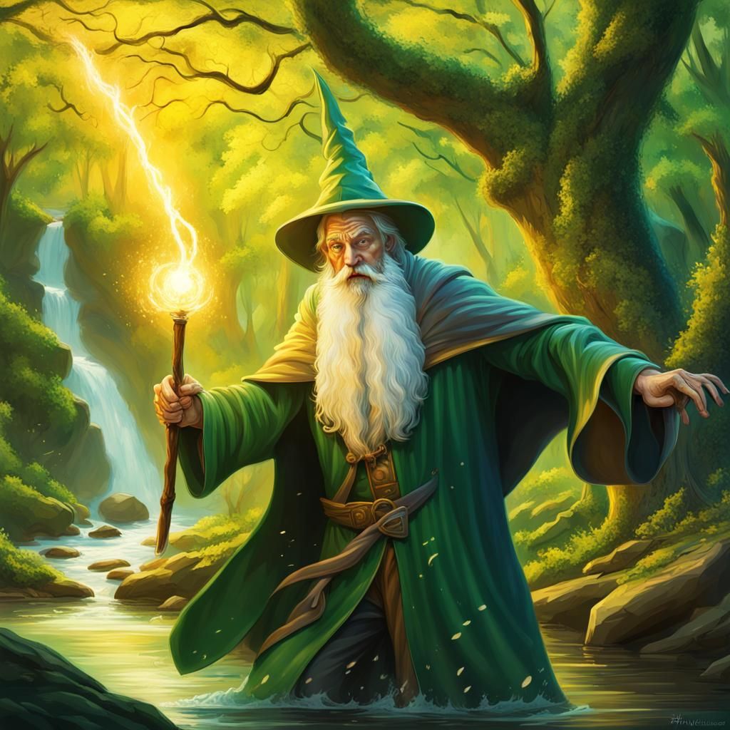 Wizard Battle in Hyperrealistic Forest Scene