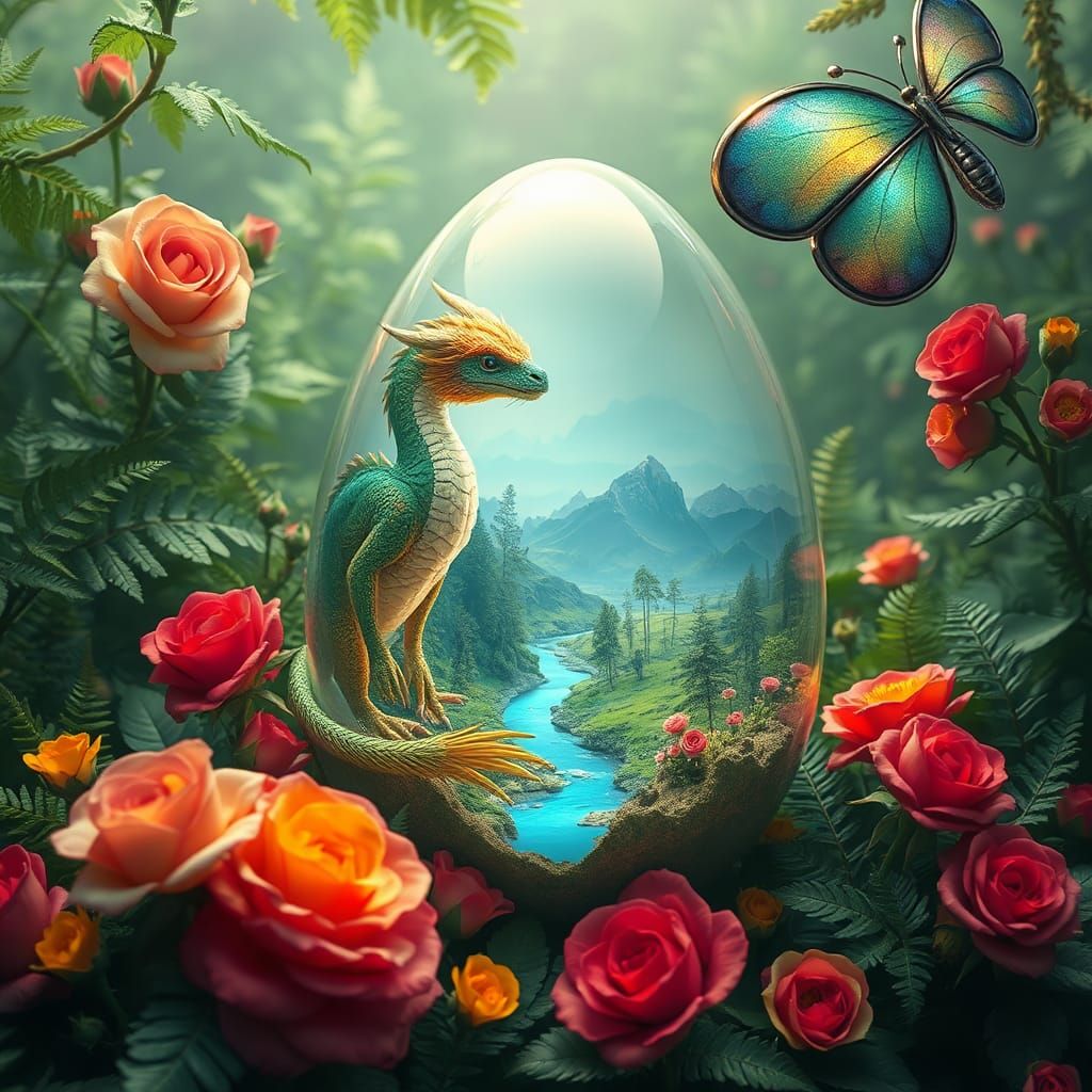 Dragon and Glass Egg in Surreal Landscape