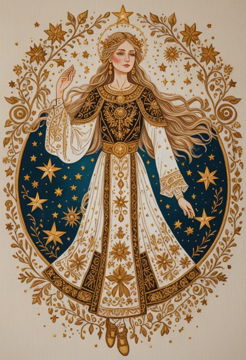 Baltic Goddess Embroidered in Vibrant Folk Art Style