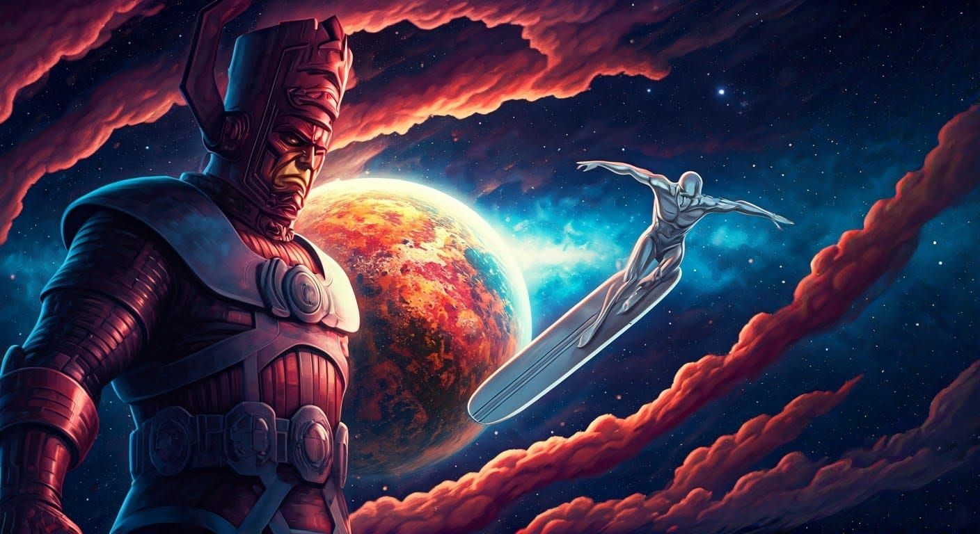 Galactus Absorbs a Planet, Silver Surfer Surfs Universe