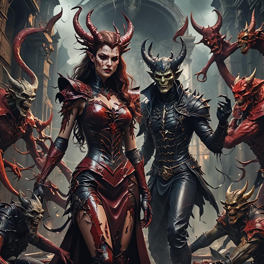 Demons Embrace Woman in Latex: Detailed Matte Painting