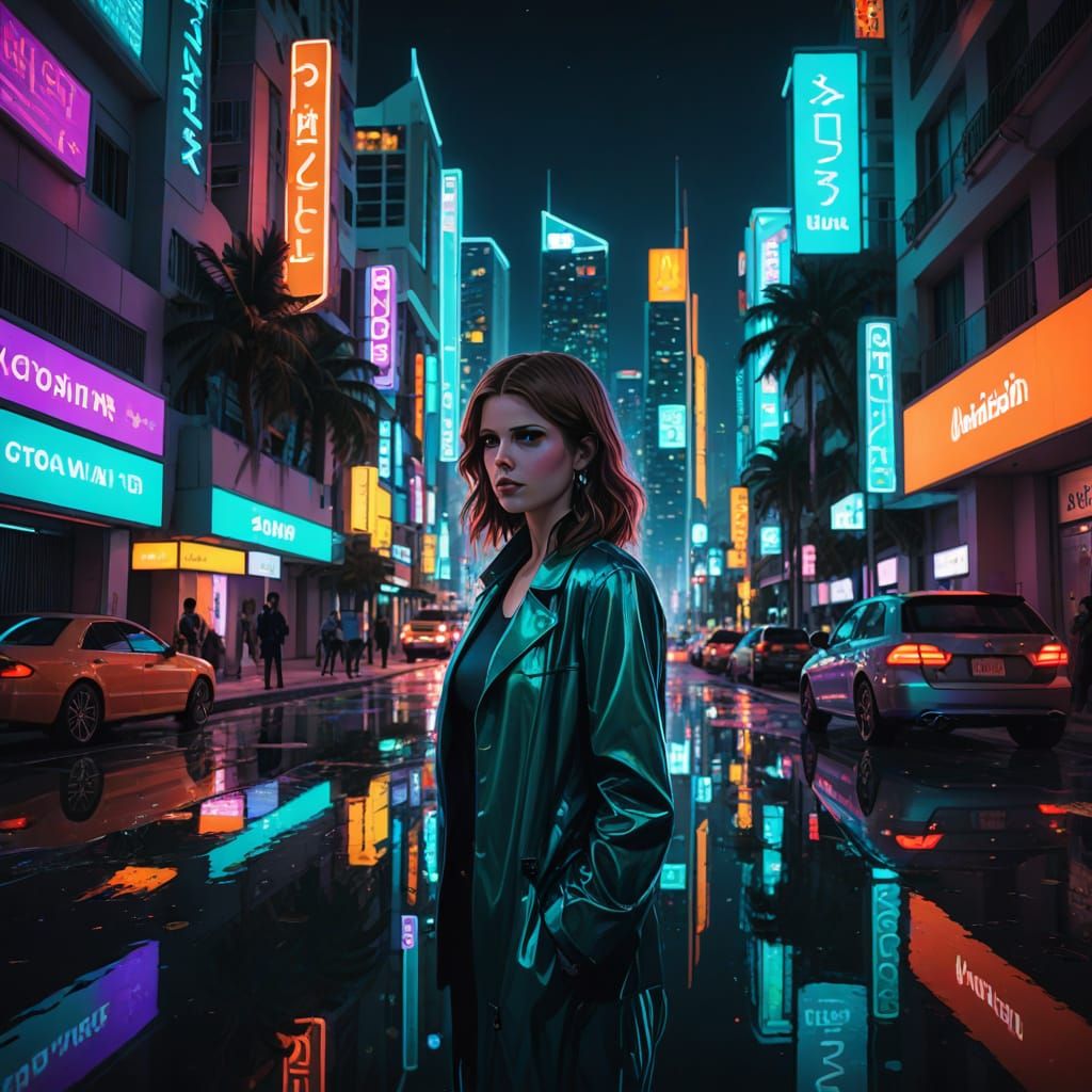 Anna Kendrick in Miami Vice Inspired Neon Cityscape