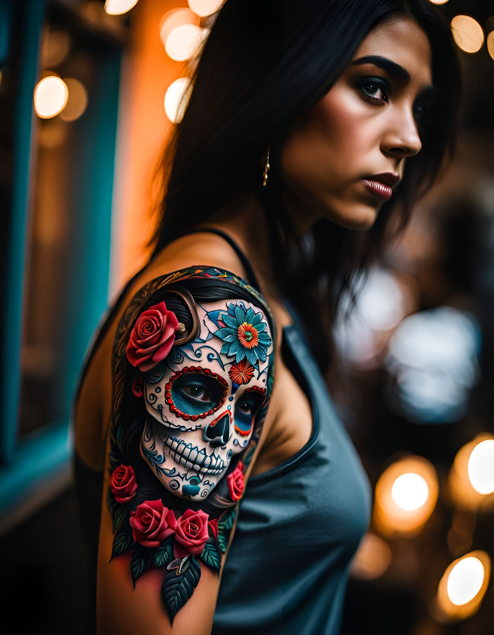 Hyperdetailed Embroidered Day of the Dead Tattoo