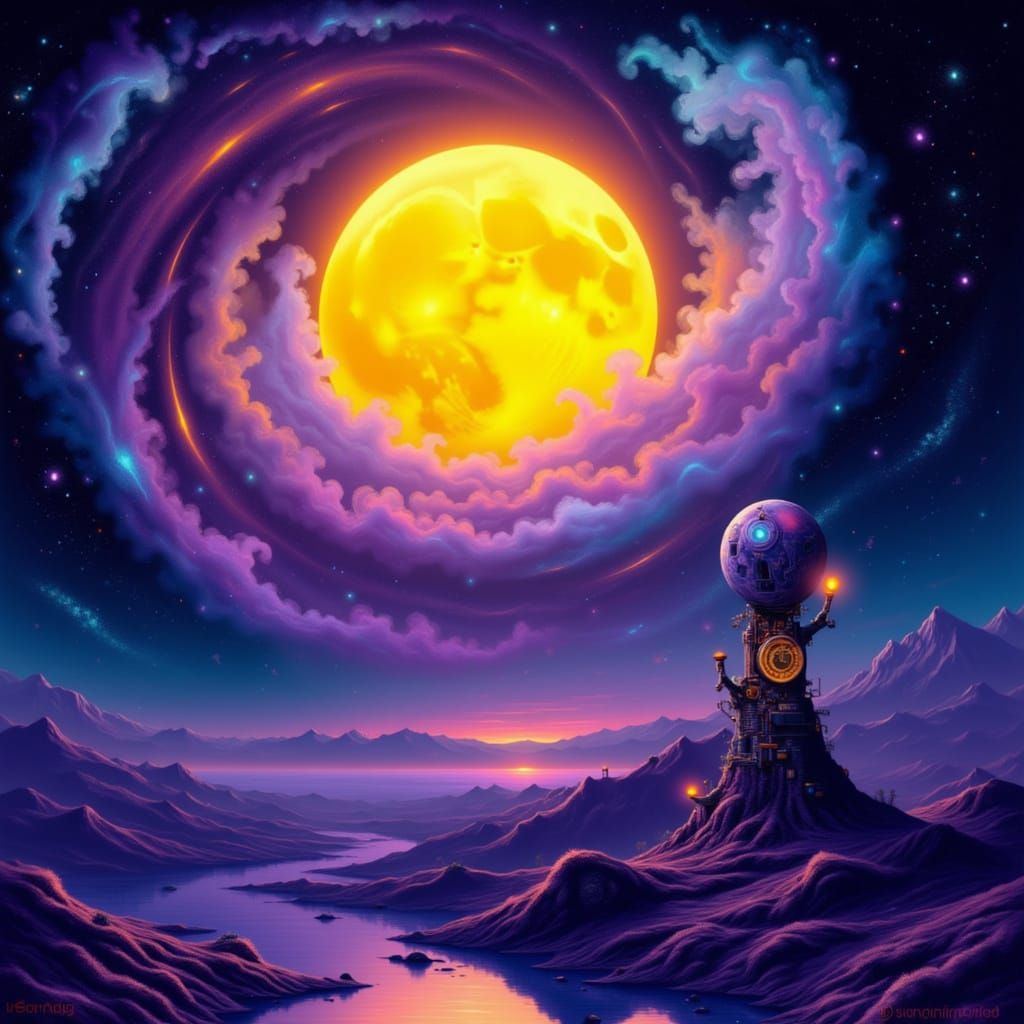 Radiant Moon Amidst Starry Skies in Nostalgic Futurism