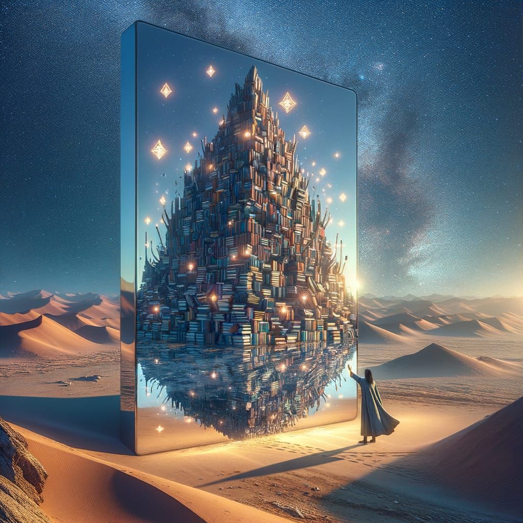 Mirrored Monolith Reflecting Mountain of Books