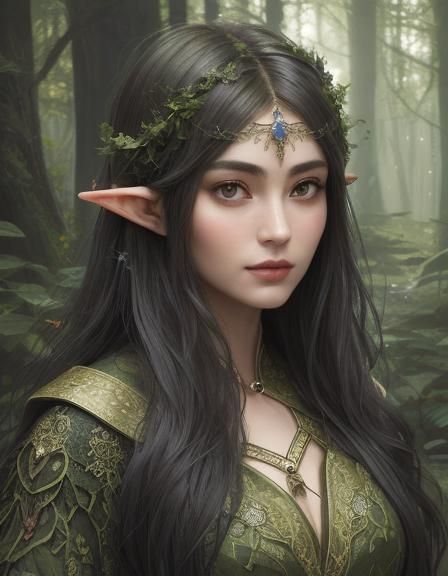 Elven Portrait in Enchanted Forest, Pre-Raphaelite Style