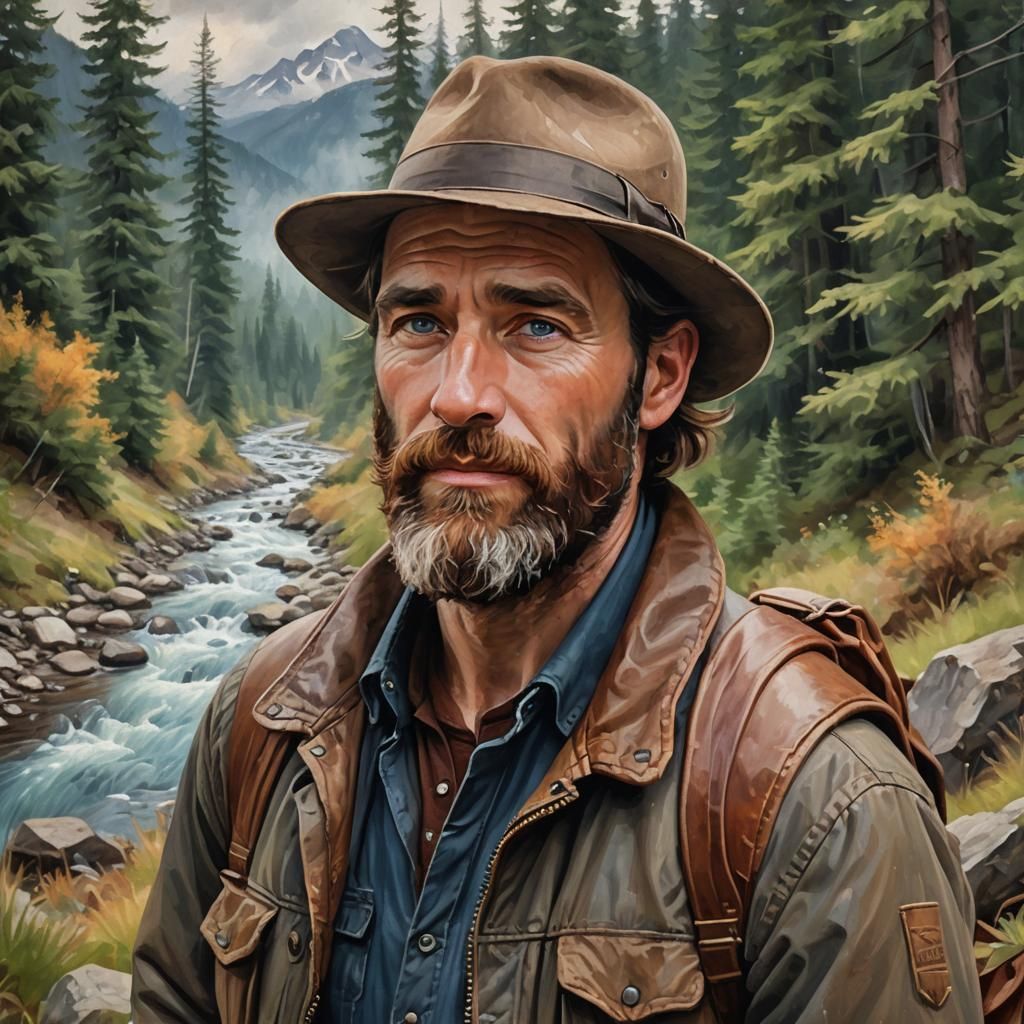 Rugged Man Portrait with Snowy Mountains, as Impasto Paintin...