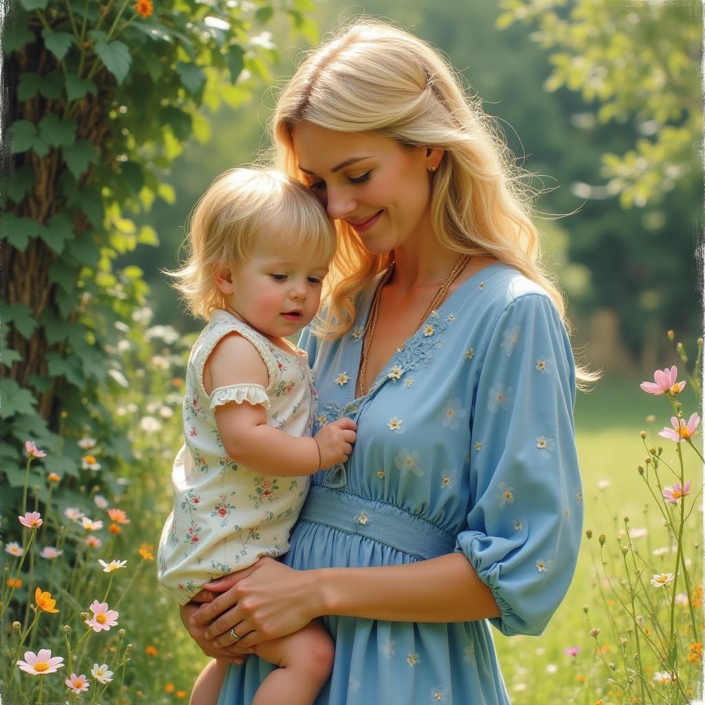 Warm Motherly Love in a Sunlit Garden Scene