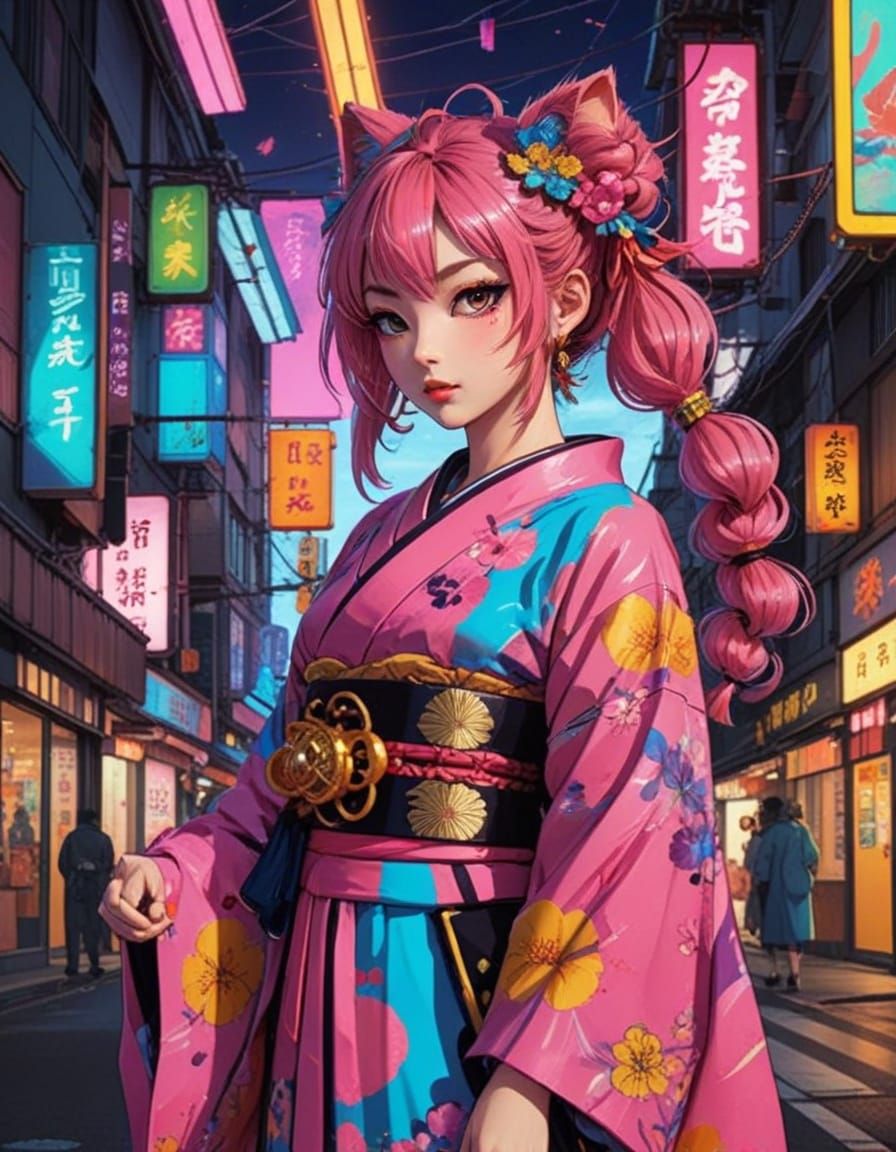 Whimsical Geisha Cat Girl in Neon Harajuku Splendor