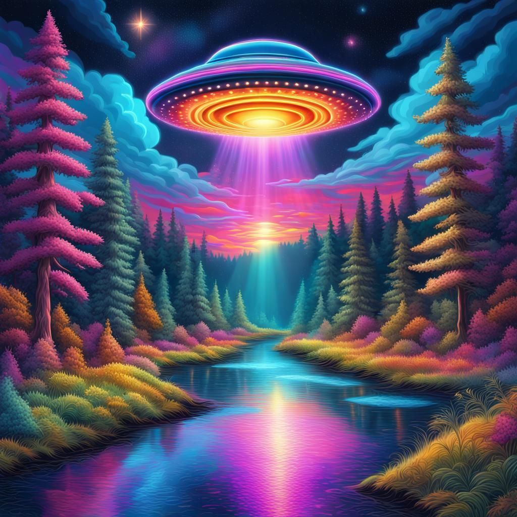 Psychedelic UFOs in Pop Art Forest