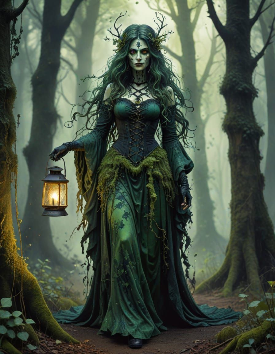 Gothic Forest Witch with Lantern in Watercolor