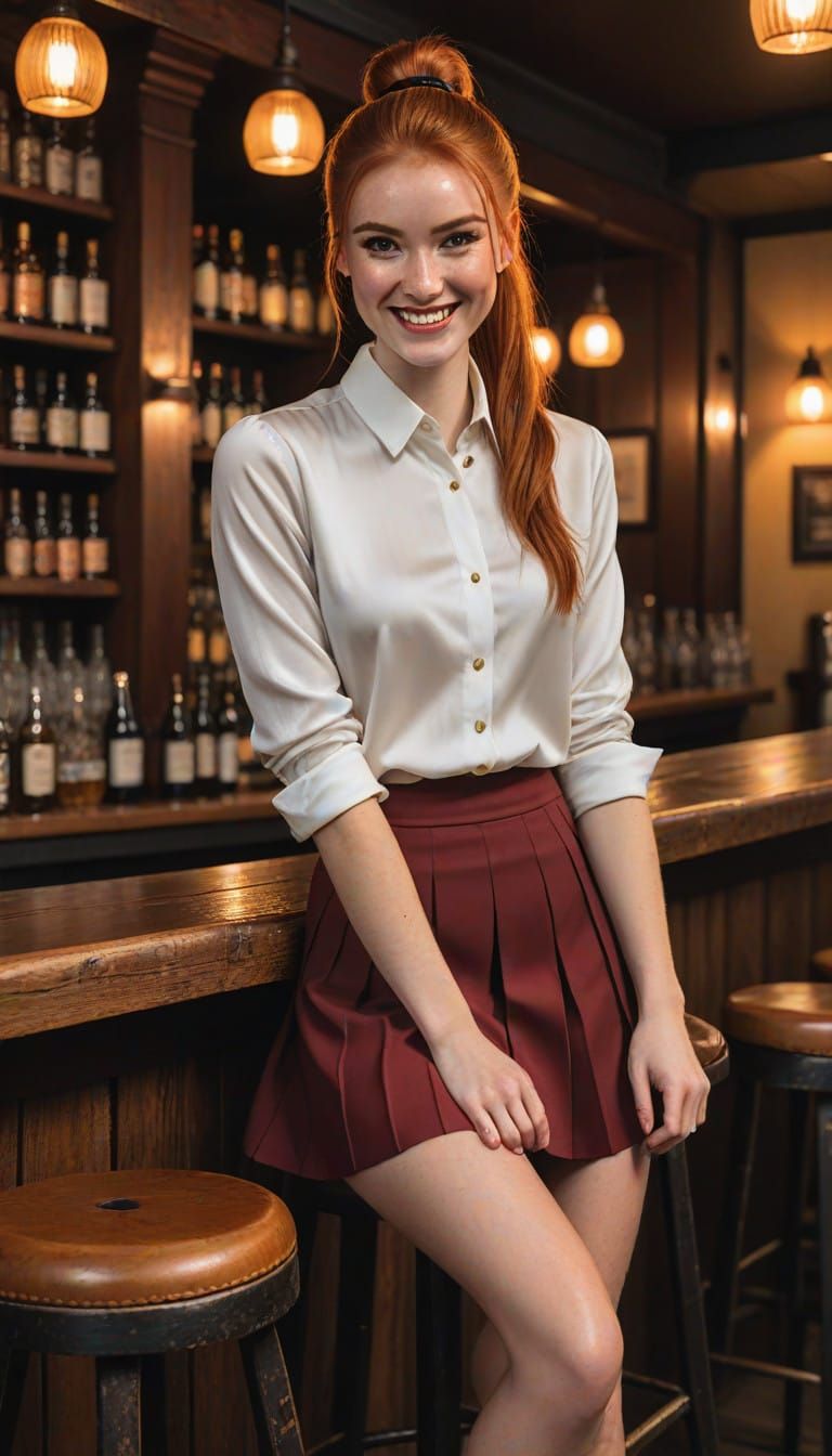 Sleek Redhead Sits in Warm Golden Light of a Dimly Lit Pub