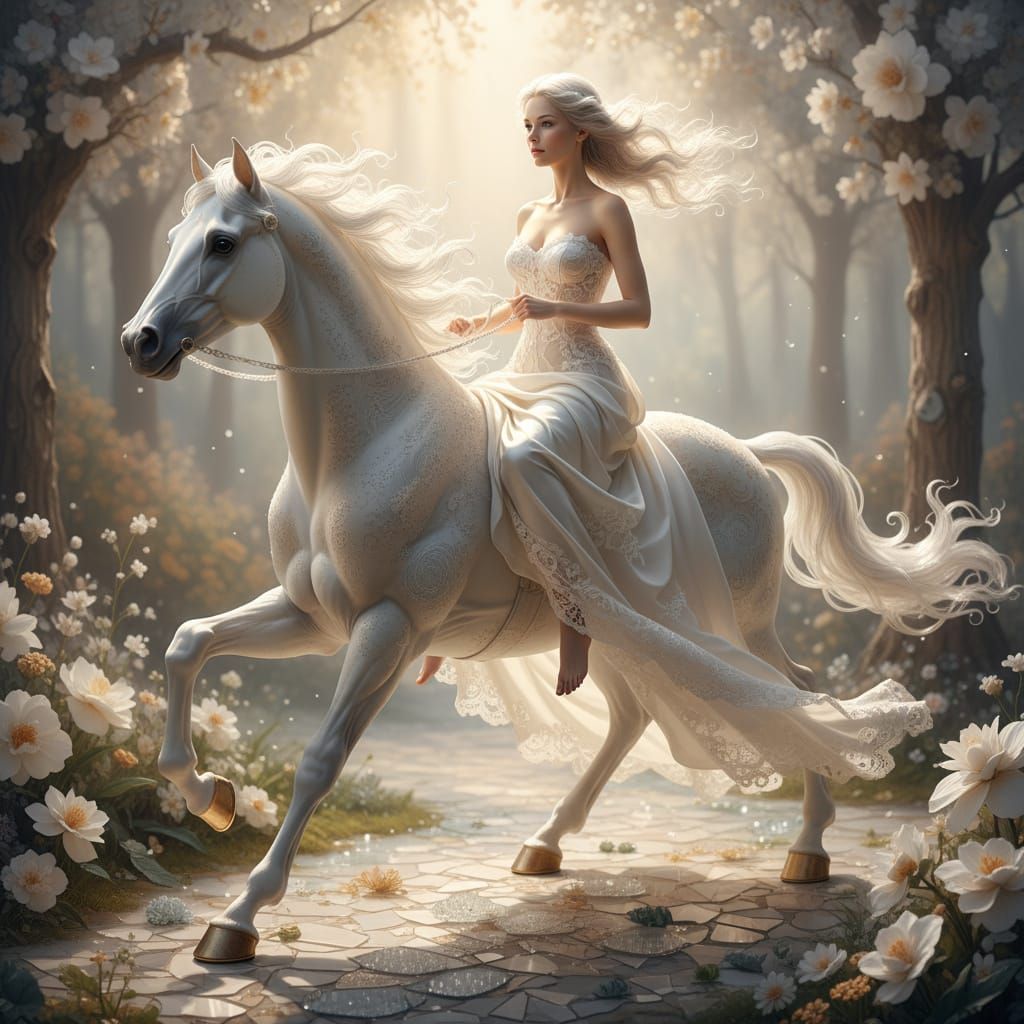 Beautiful Woman Riding White Glass Horse in Silk Dress