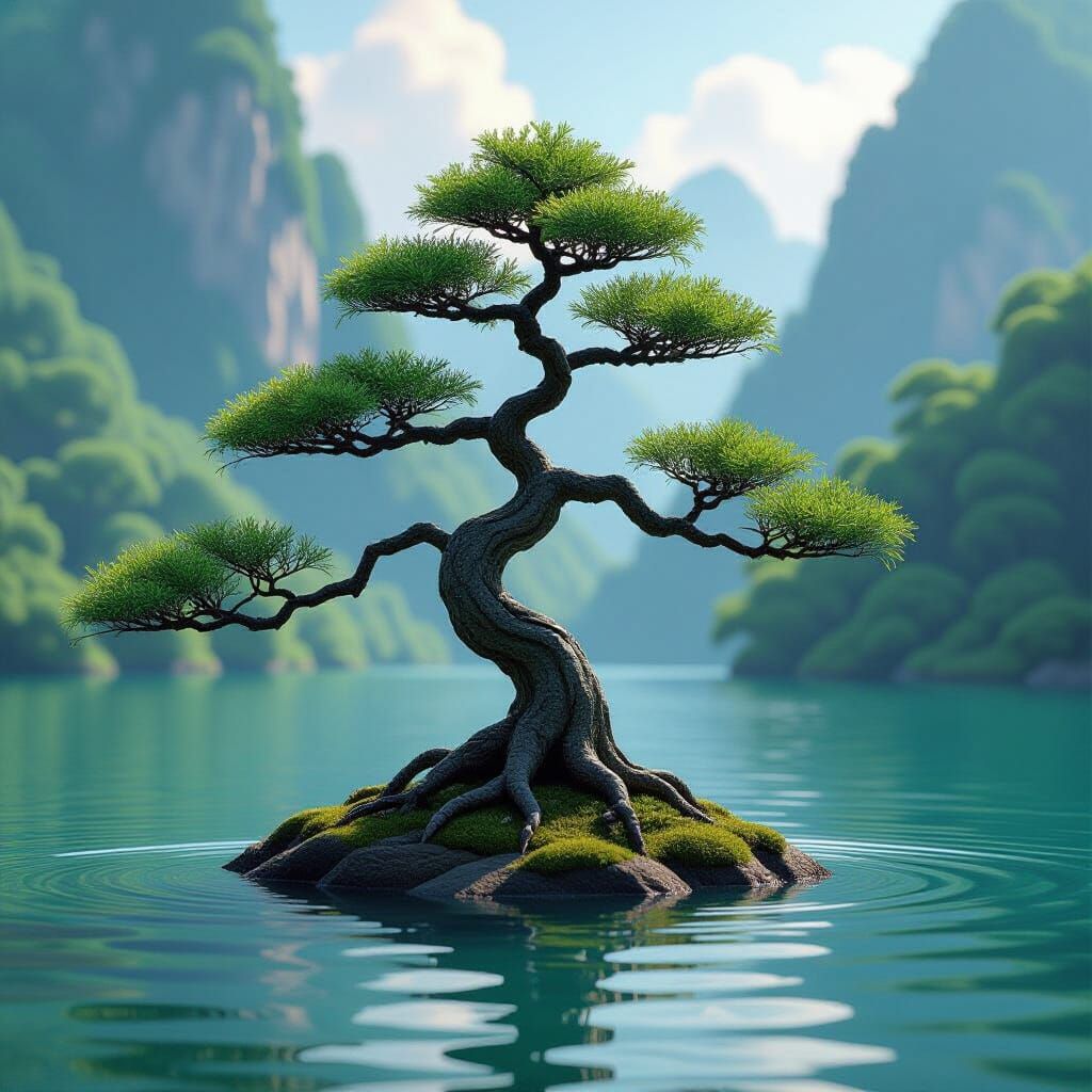 Bonsai Tree in Lake: Vibrant Anime-Style 3D Art