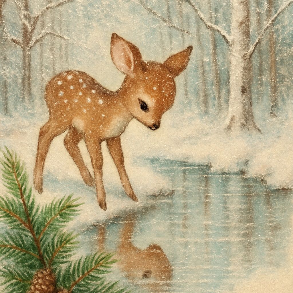 Vintage Christmas Fawn by Frozen Stream in Glittering Forest