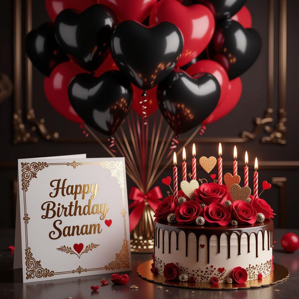 Elegant 3D Birthday Scene with Heart Balloons