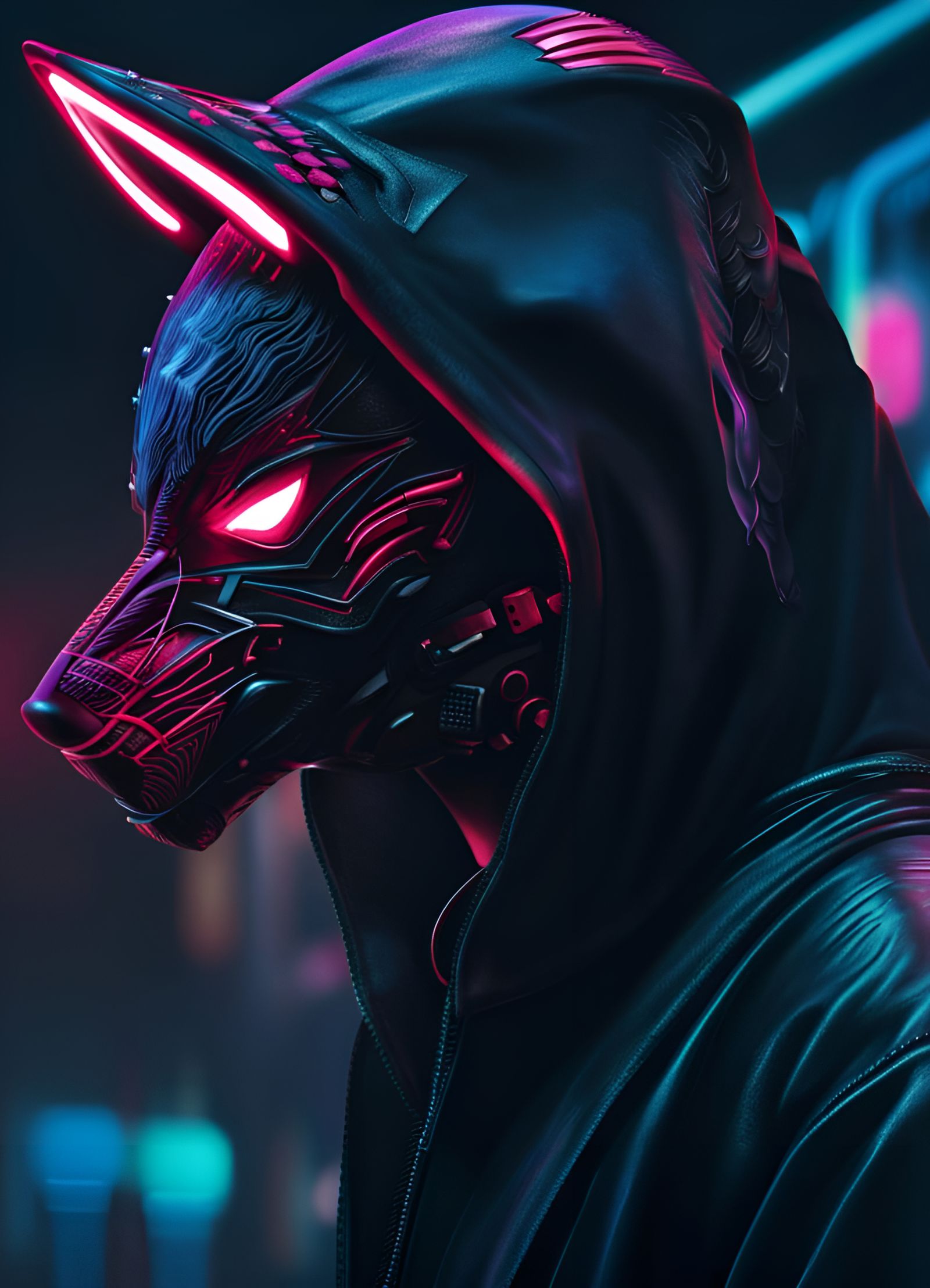 Cyberpunk Man with Wolf Mask in Night City