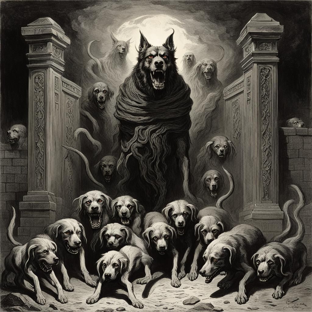 Three-Headed Hellhound Guarding the Gates of Hell
