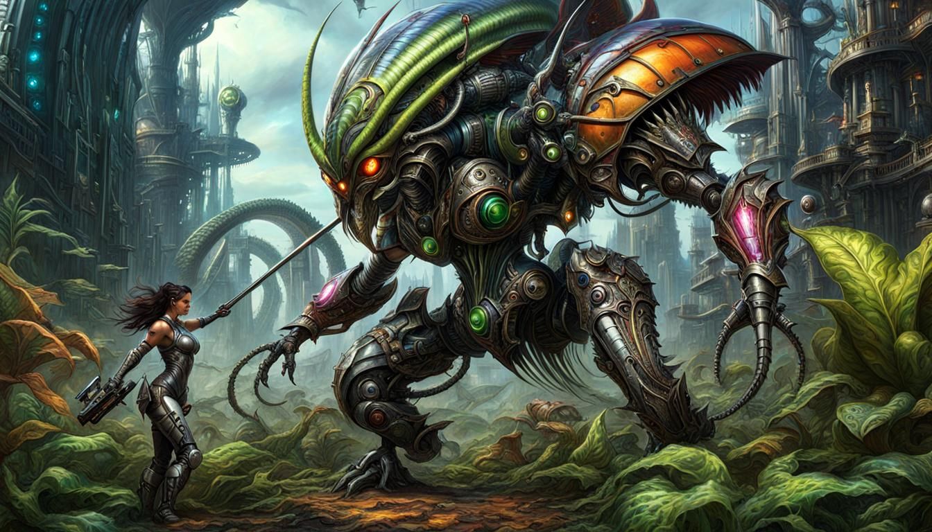 BIOTECH WORLD - - WARRIOR FIGHTING BIOTECH BEAST