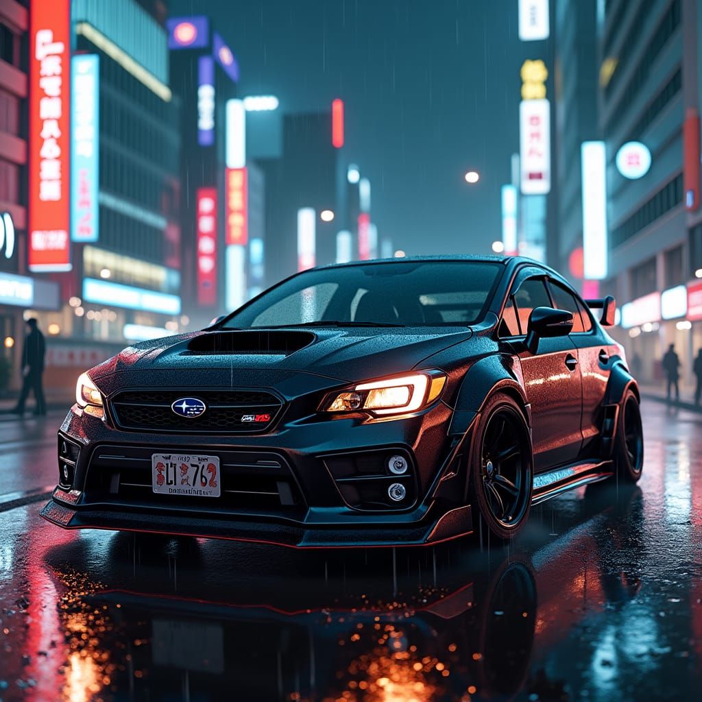 Cyberpunk Subaru WRX in Neon Japanese Rain