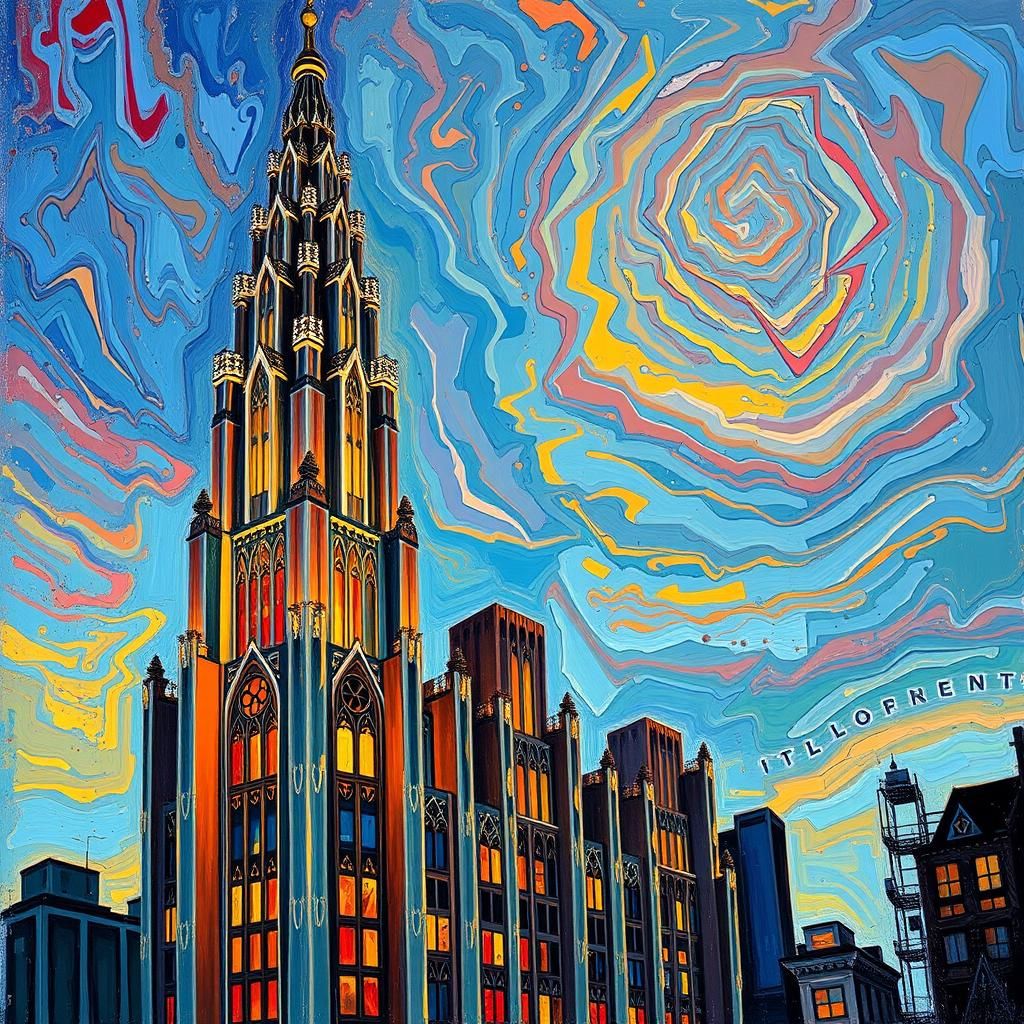 Art Deco Skyscraper with Post-Impressionist Sky