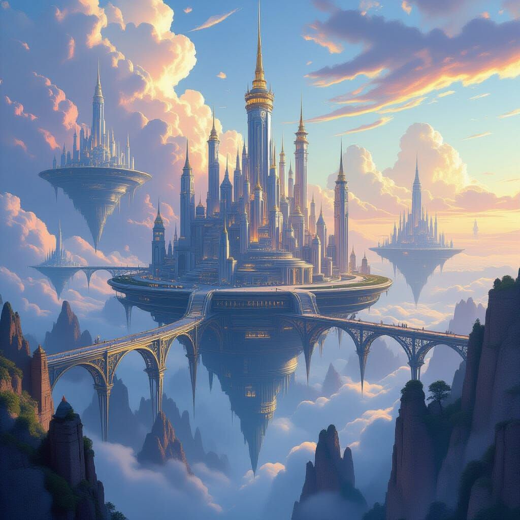 Majestic Sky-City on Floating Islands with Clockwork Bridges