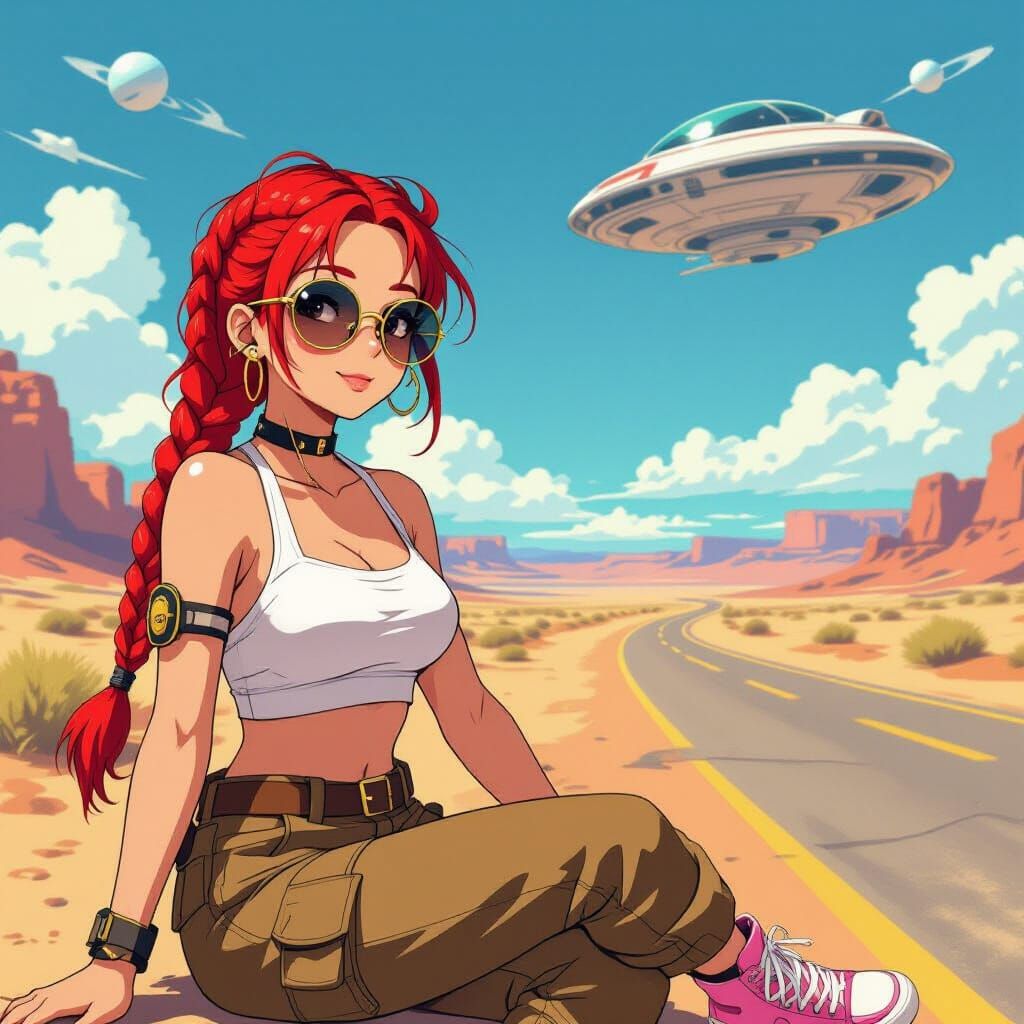 Anime Girl Hitchhiking for Spaceship on Alien Road