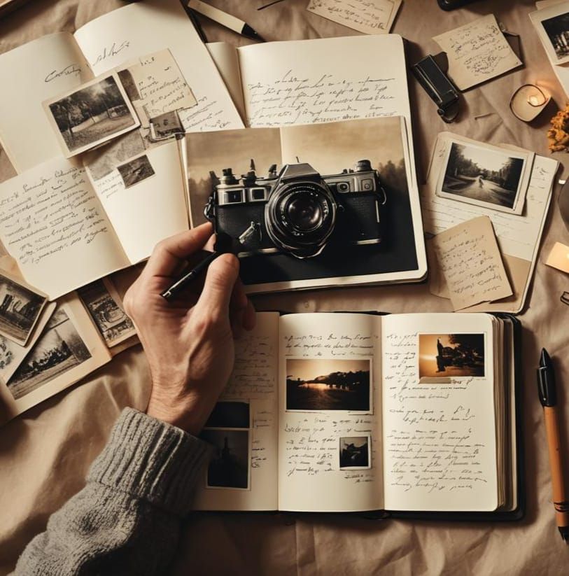Writing Memories: Hand with Notebook and Photo Album
