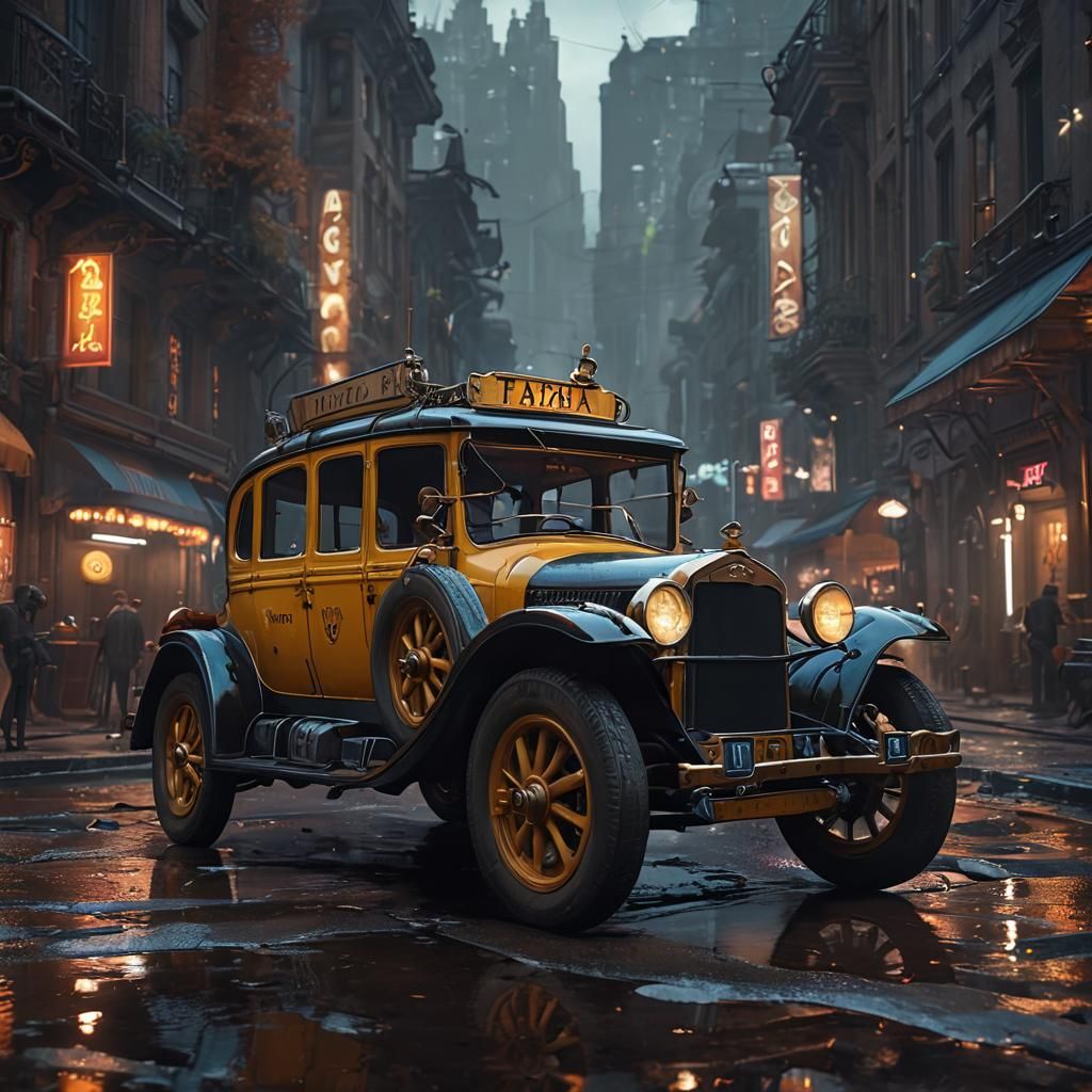 Futuristic Taxicab in Cyberpunk Cityscape