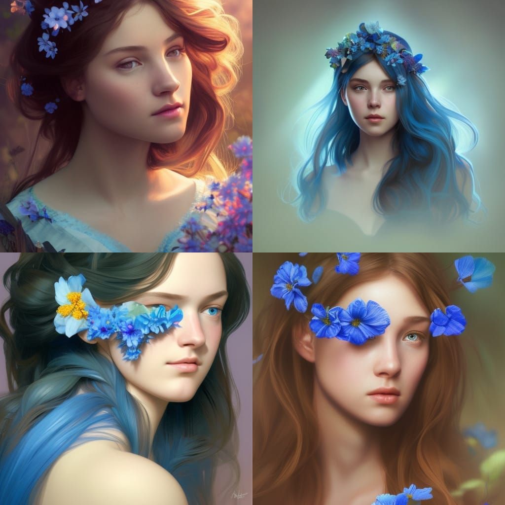 Girl with Blue Flowers: Photorealistic Concept Art