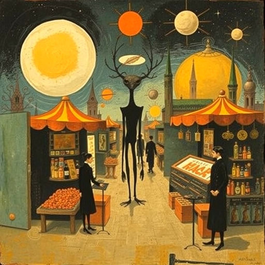 Surreal Market Scene in Whimsical Style