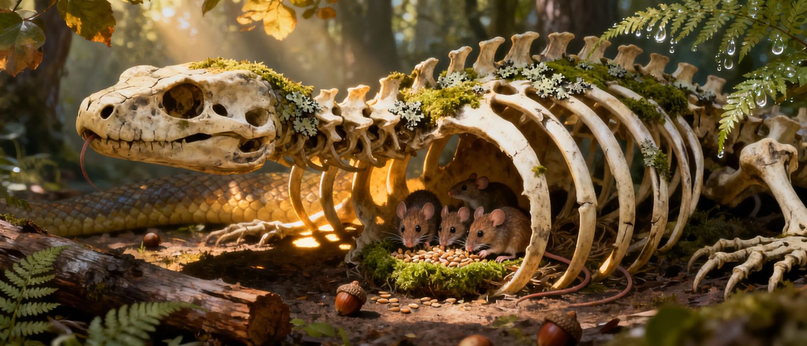 Mice Family Inside Snake Skeleton in Mossy Forest