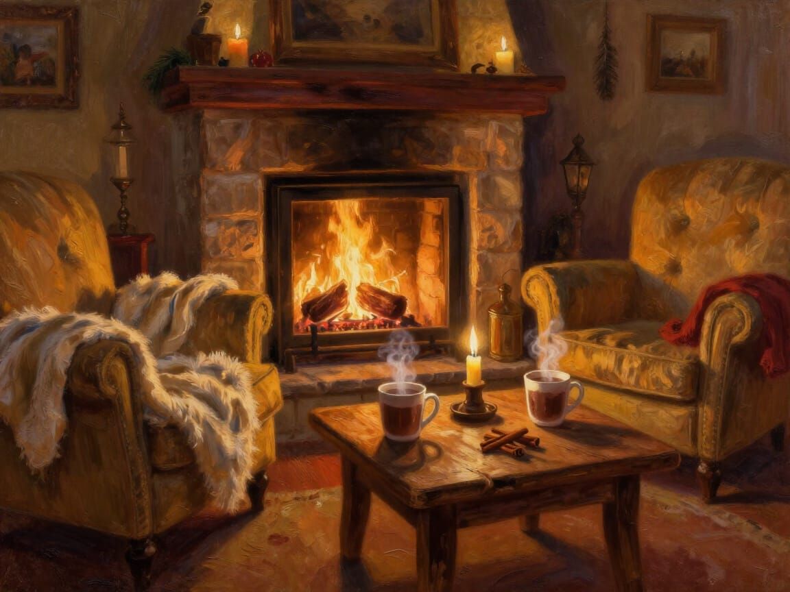 Cozy Fireside Scene in Impressionistic Style