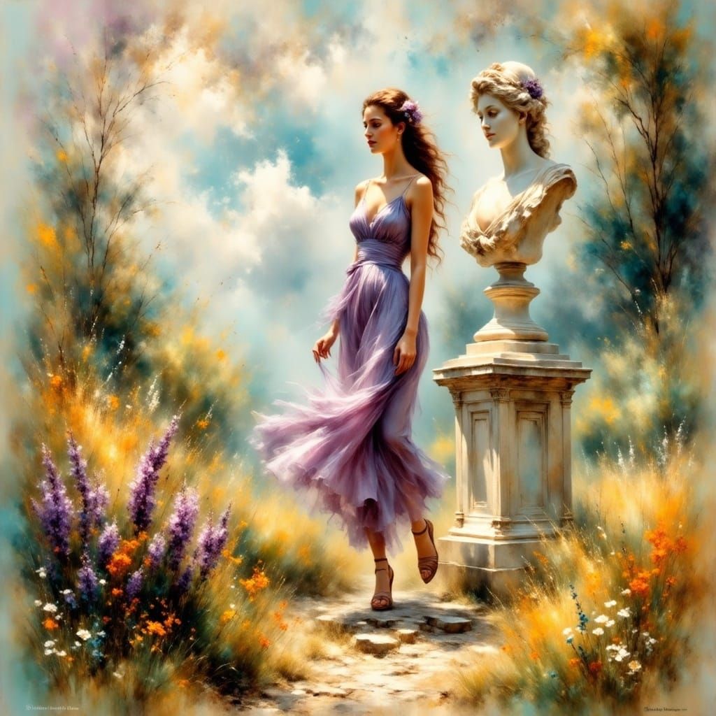 Ethereal Woman Beside Sculpture in Impressionist Style