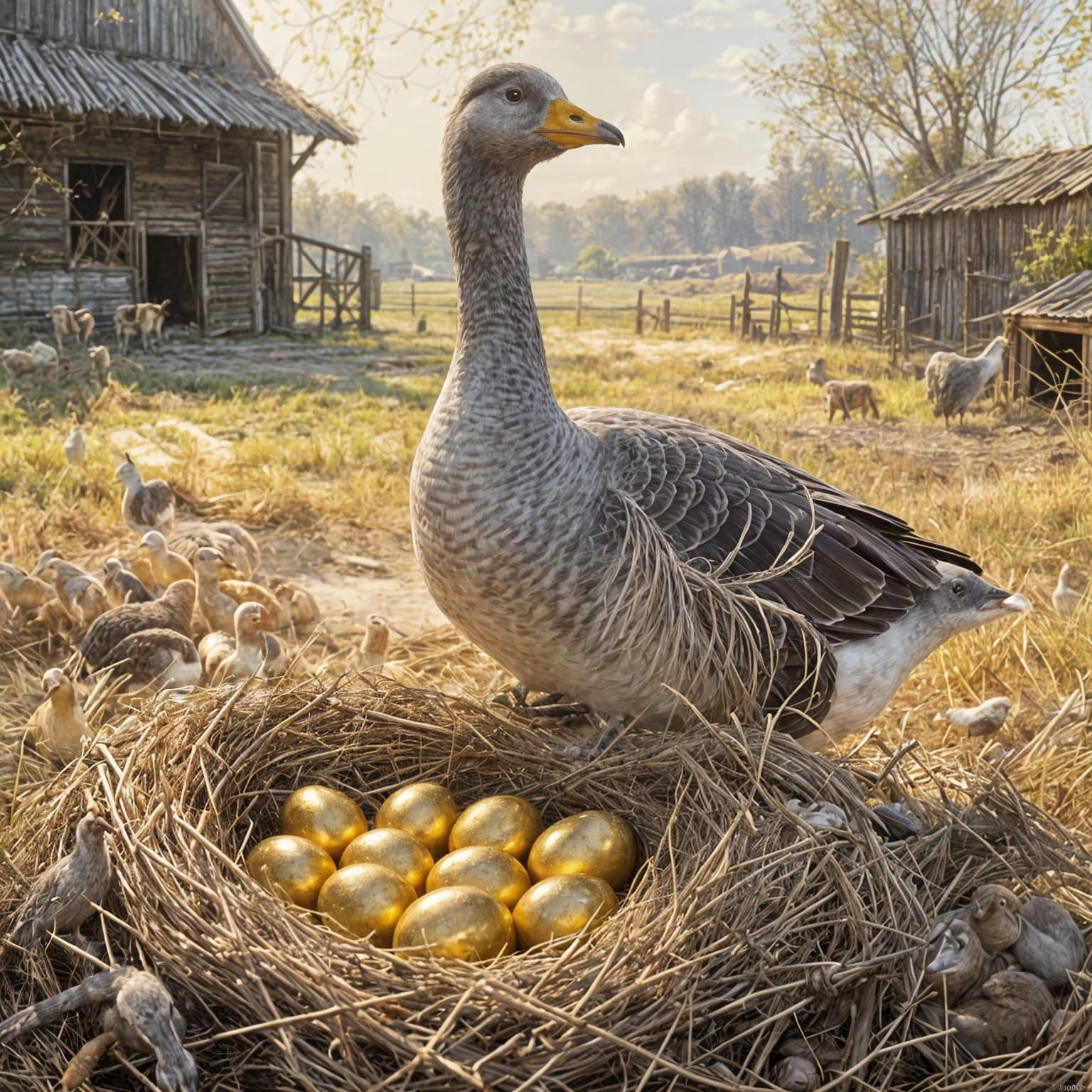 Grey Goose Guards Golden Eggs in Farmyard Oil Painting