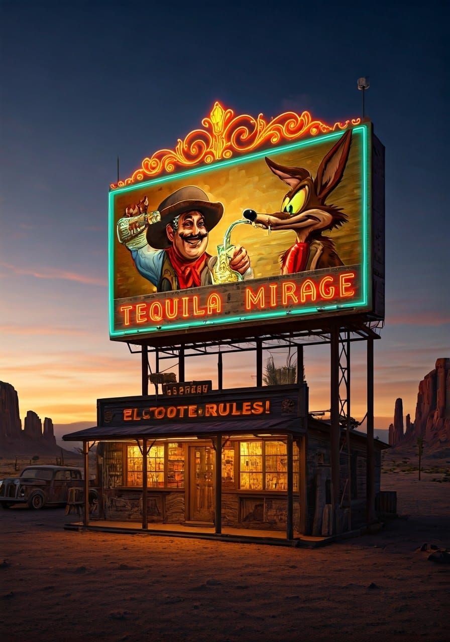 Neon Desert Oasis Billboard in 1950s Style