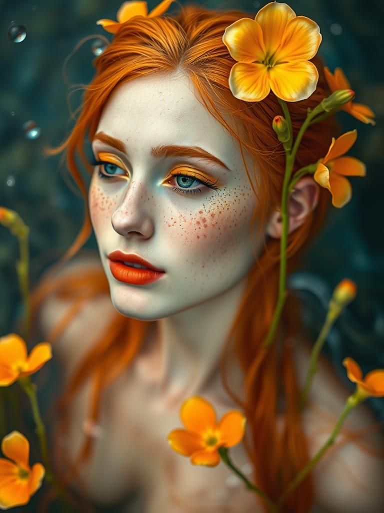 Surreal Sea Creature with Orange Hair Emerges