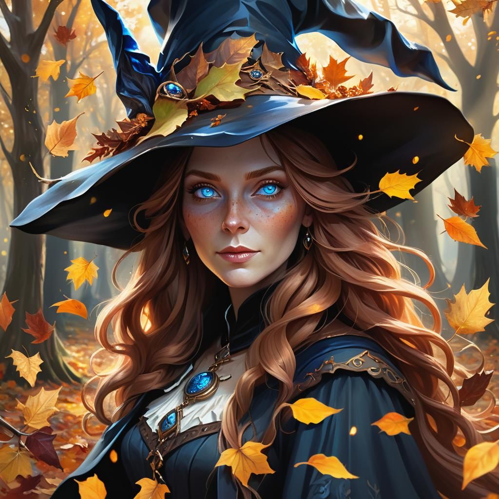 "A witch with long chestnut hair and blue eyes,