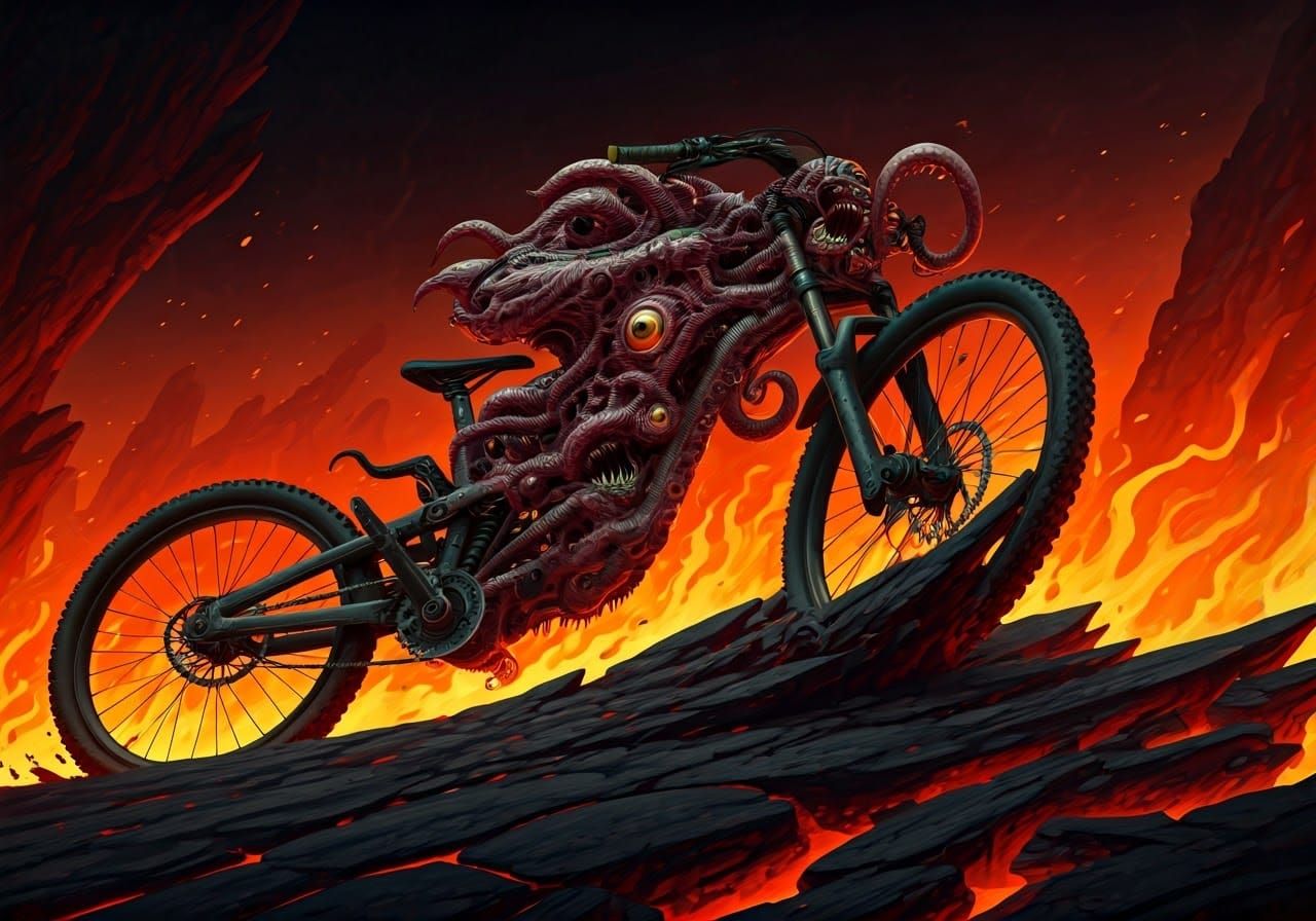 Demonic Biomechanical Bike in Fiery Hellscape