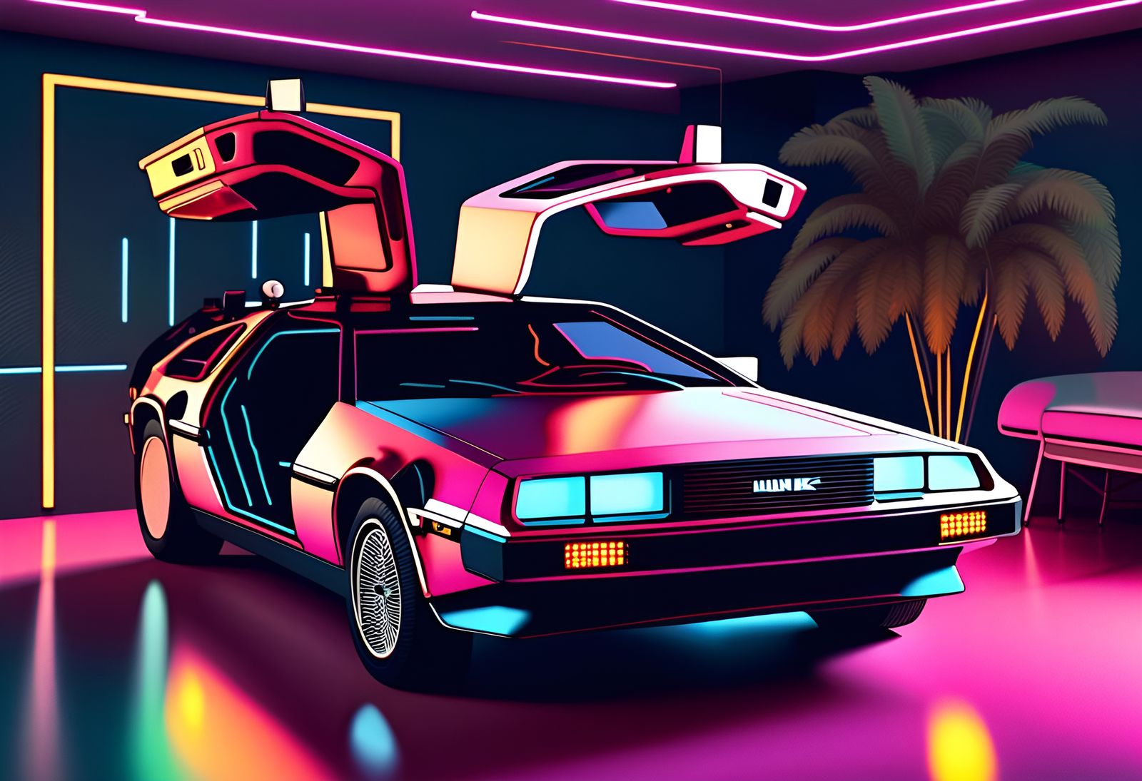 DeLorean in 1980s Neon Sci-Fi Style