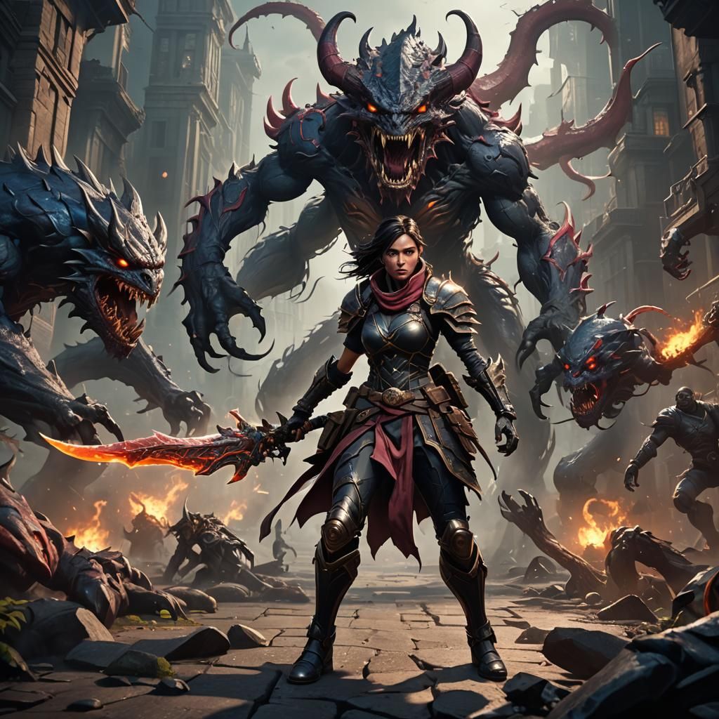 Girl's Fight Against Shadow Monsters in Dark Fantasy Art